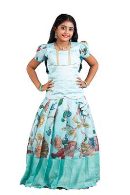 Shivangi Girls Blue Cocktail Peacock Pattu Pavadai | Langa 1
