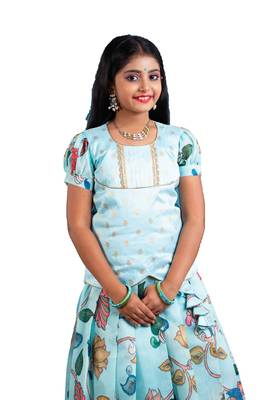 Shivangi Girls Blue Cocktail Peacock Pattu Pavadai | Langa 3