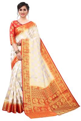 Mr & Mrs Creation Present White Colour Cotton Art Silk Saree With Designer Blouse Pic 1