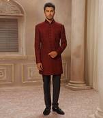 Wine Embroidered Bandhgala Jacket Set
