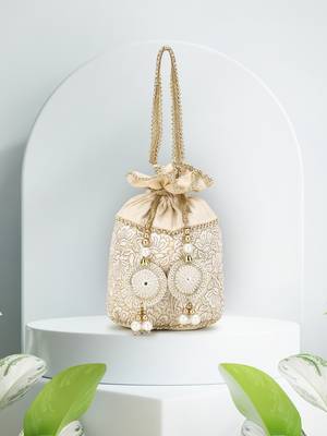 Dangle Cream & Gold Floral Embroidered Faux Silk Potli 1
