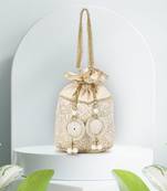 Dangle Cream & Gold Floral Embroidered Faux Silk Potli