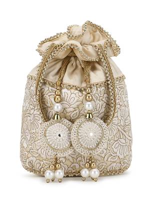 Dangle Cream & Gold Floral Embroidered Faux Silk Potli 2
