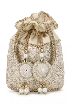 Dangle Cream & Gold Floral Embroidered Faux Silk Potli