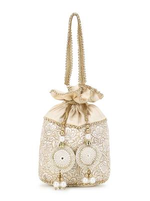 Dangle Cream & Gold Floral Embroidered Faux Silk Potli 3