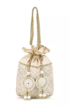 Dangle Cream & Gold Floral Embroidered Faux Silk Potli