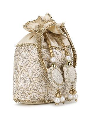 Dangle Cream & Gold Floral Embroidered Faux Silk Potli 4