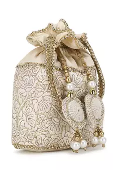 Dangle Cream & Gold Floral Embroidered Faux Silk Potli