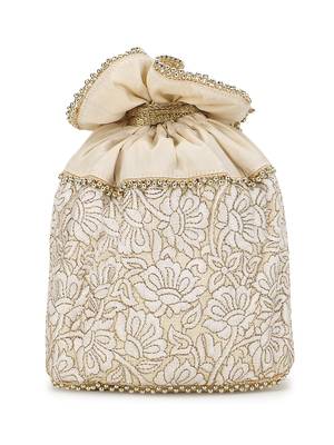Dangle Cream & Gold Floral Embroidered Faux Silk Potli 5