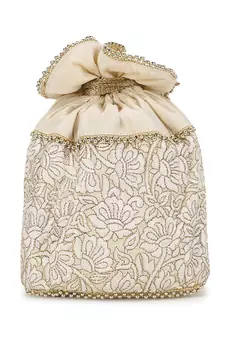 Dangle Cream & Gold Floral Embroidered Faux Silk Potli