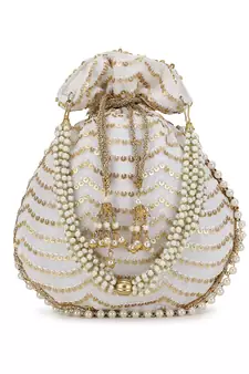 Dangle Off White & Gold Sequined Georgette Potli