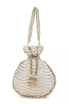 Dangle Off White & Gold Sequined Georgette Potli