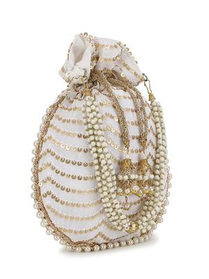 Dangle Off White & Gold Sequined Georgette Potli 4