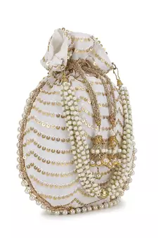 Dangle Off White & Gold Sequined Georgette Potli