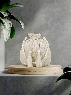 Dangle Off White Embellished Velvet Potli 1