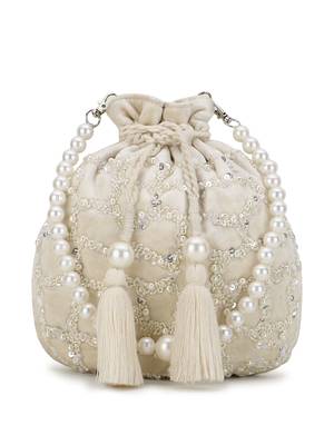 Dangle Off White Embellished Velvet Potli 2