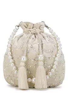 Dangle Off White Embellished Velvet Potli