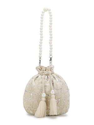 Dangle Off White Embellished Velvet Potli 3