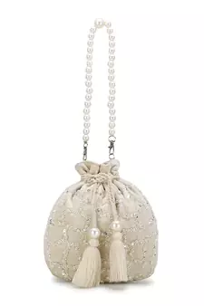 Dangle Off White Embellished Velvet Potli
