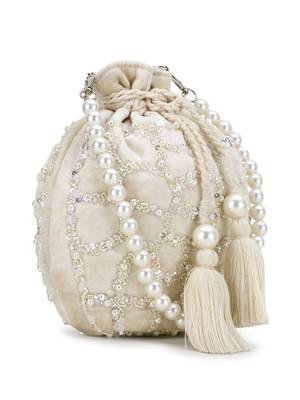 Dangle Off White Embellished Velvet Potli 4
