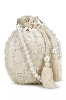 Dangle Off White Embellished Velvet Potli
