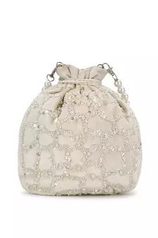 Dangle Off White Embellished Velvet Potli