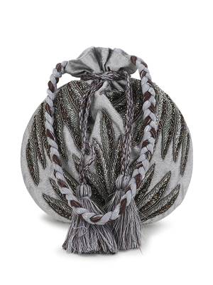 Dangle Grey & Multi Botanical Embellished Faux Silk Potli 2