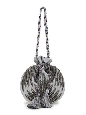 Dangle Grey & Multi Botanical Embellished Faux Silk Potli 3