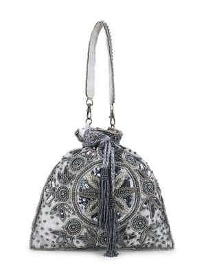 Anekaant Dangle Grey & Multi Floral Embellished Faux Silk Potli 3