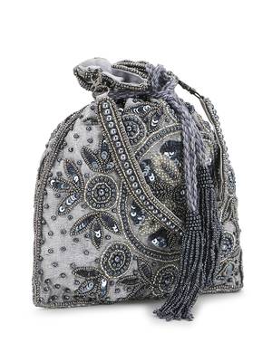 Anekaant Dangle Grey & Multi Floral Embellished Faux Silk Potli 4