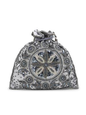 Anekaant Dangle Grey & Multi Floral Embellished Faux Silk Potli 5