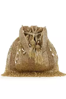 Dangle Gold Striped Embellished Faux Silk Potli