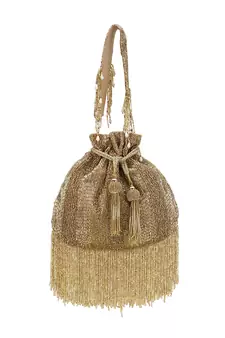 Dangle Gold Striped Embellished Faux Silk Potli