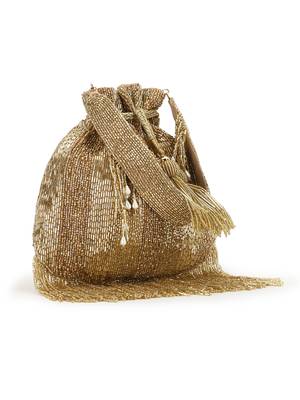 Dangle Gold Striped Embellished Faux Silk Potli 4