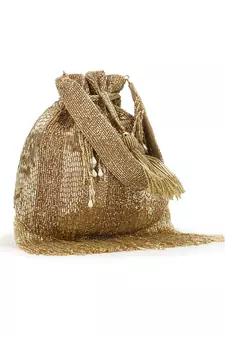 Dangle Gold Striped Embellished Faux Silk Potli