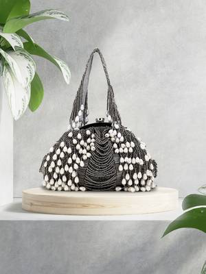 Anekaant Pochette Grey & White Striped Embellished Faux Silk Clutch 1