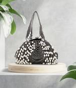 Anekaant Pochette Grey & White Striped Embellished Faux Silk Clutch