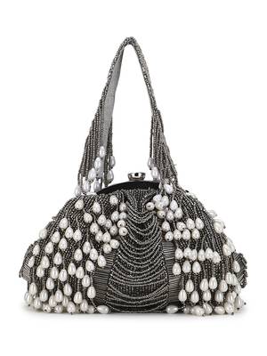Anekaant Pochette Grey & White Striped Embellished Faux Silk Clutch 2