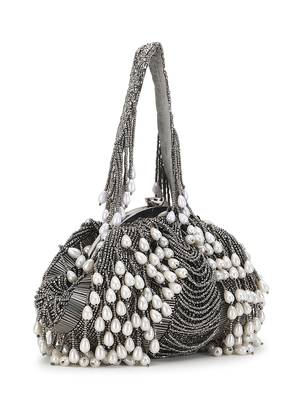 Anekaant Pochette Grey & White Striped Embellished Faux Silk Clutch 3