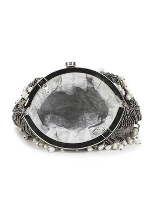 Anekaant Pochette Grey & White Striped Embellished Faux Silk Clutch 5
