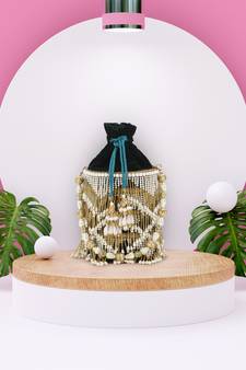 Dangle Dark Green, Gold & White Chevron Embellished Velvet Potli