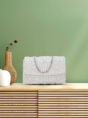 Coffer White & Silver Ethnic Motifs Embellished Faux Silk Clutch 1