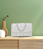 Coffer White & Silver Ethnic Motifs Embellished Faux Silk Clutch