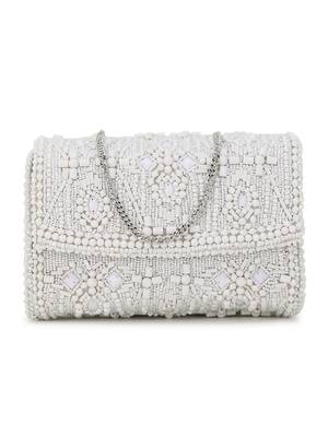 Coffer White & Silver Ethnic Motifs Embellished Faux Silk Clutch 2