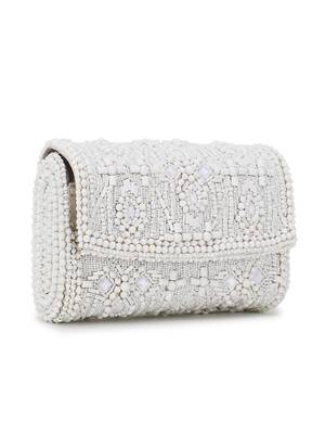 Coffer White & Silver Ethnic Motifs Embellished Faux Silk Clutch 3