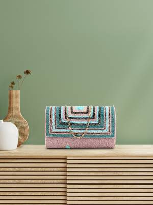 Anekaant Coffer Pink, Turquoise & Multi Geometric Embellished Faux Silk Clutch 1