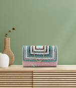 Anekaant Coffer Pink, Turquoise & Multi Geometric Embellished Faux Silk Clutch