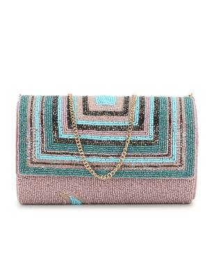 Anekaant Coffer Pink, Turquoise & Multi Geometric Embellished Faux Silk Clutch 2