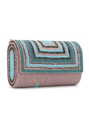 Anekaant Coffer Pink, Turquoise & Multi Geometric Embellished Faux Silk Clutch 3