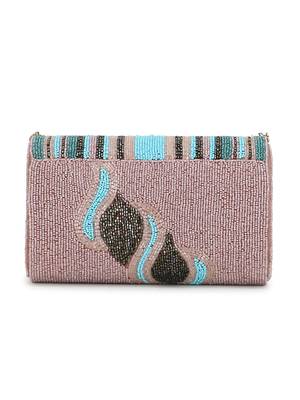 Anekaant Coffer Pink, Turquoise & Multi Geometric Embellished Faux Silk Clutch 4